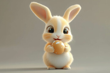Fototapeta premium Cute baby rabbit holding an egg in its paws enjoys a playful moment indoors