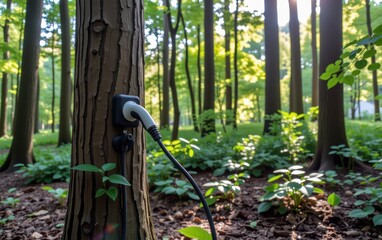 A futuristic concept of an electric vehicle charging port seamlessly integrated into the bark of a tree, symbolizing sustainable energy and harmony with nature.