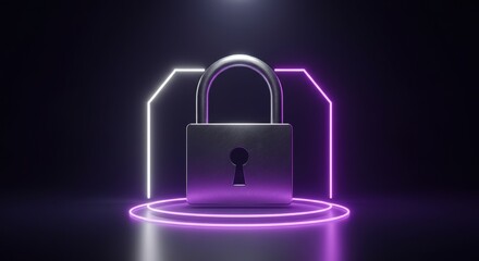 Cybersecurity concept. Metallic padlock illuminated by neon lights. Represents data protection, privacy, and online security. Perfect for websites, presentations, and marketing materials