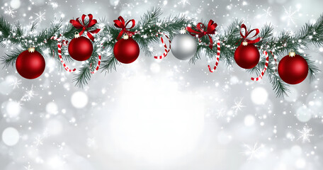 Festive Christmas Background with Red Ornaments and Frosted Pine Branches