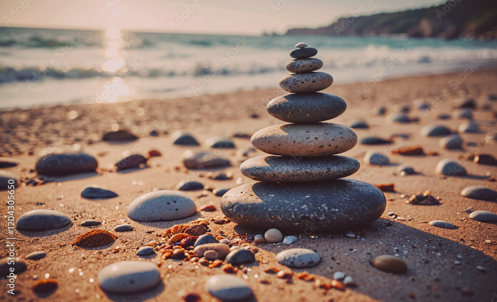 Aufkleber A stack of rocks on a beach. The rocks are arranged in a pyramid shape. The beach is calm and peaceful, with the sun setting in the background. The rocks are scattered around the beach, creating a