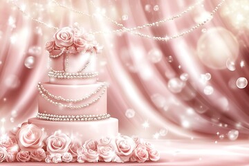 Fototapeta premium Elegant Pink Wedding Cake with Pearl Accents & Rose Garnish