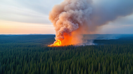 Greenhouse Gas, A high-fidelity image of dense smoke rising from a forest fire, capturing the intensity and chaos of a wildfire in a vivid manner.