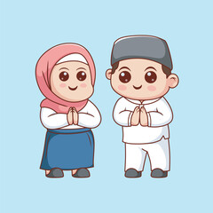 Cute Boy And Girl Moslem Vector Illustration. Ramadan Mascot Cartoon Character. Flat Cartoon Style Suitable for Web Landing Page, Banner, Flyer, Sticker.