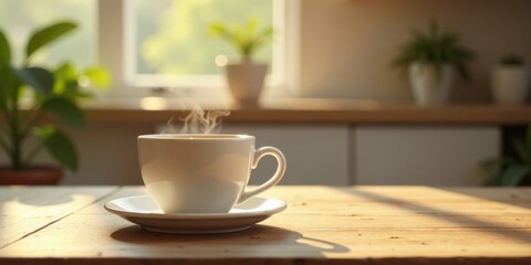 Obraz premium Warm Morning Sunlight Illuminates a Steaming Mug of Coffee on a Rustic Wooden Table, Surrounded by Indoor Plants