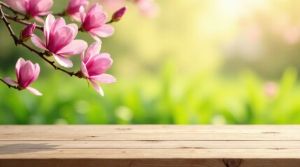 Peaceful Spring Blossoms on Wooden Tabletop with Lush Green Background