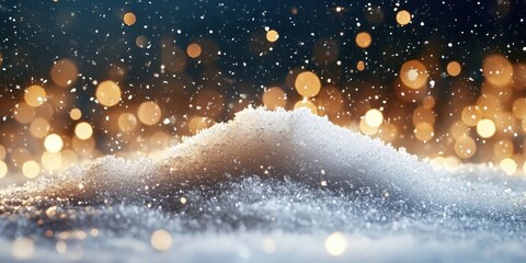 Obraz premium Winter landscape, glowing golden bokeh lights, snow mounds, starry night sky, magical atmosphere, macro photography, depth of field, warm and cold contrast, ethereal, dreamy scene, sparkling snowflake