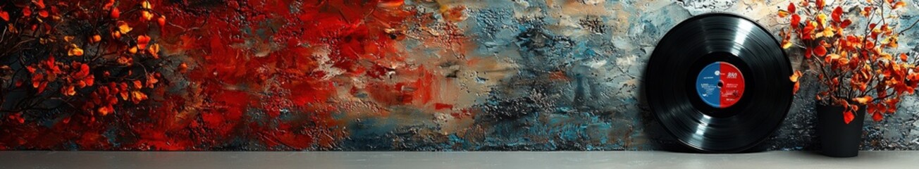 Obraz premium Vintage vinyl record with autumn leaves against colorful textured background