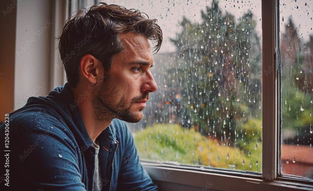 Poster a man is looking out the window with raindrops on the glass. he is sad or upset