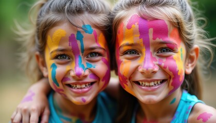 Obraz premium Two young girls happily celebrate vibrant festival. Faces painted with colourful patterns. Appear joyful, playful. Outdoor event. Celebration of colours. Children enjoy festive moment outdoors. Fun,