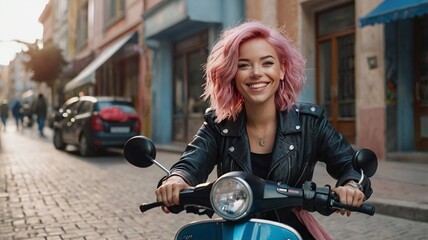 An young teen girl with pink hair riding a blue scooter bike