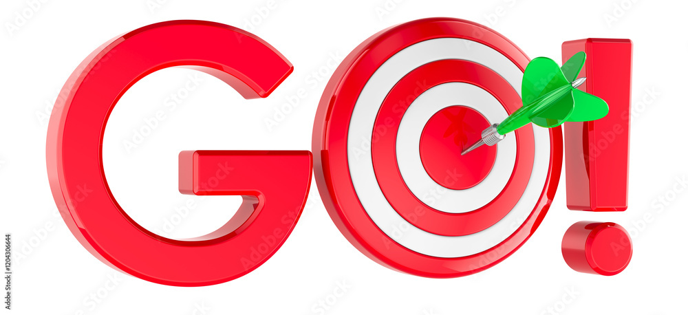 Poster go, concept. red inscription from target with arrow in bullseye, 3d rendering isolated on transparen