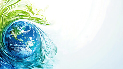 Abstract Earth Day design with a glowing globe encircled by green swirls, representing sustainability and global environmental protection