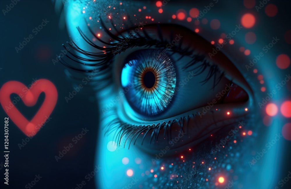 Leinwandbilder Close up view of futuristic eye. Cyberpunk eye with digital interface. Tech eye in dark tech space. Artificial intelligence concept. Security, futuristic design. Woman eye with cybernetic vision.