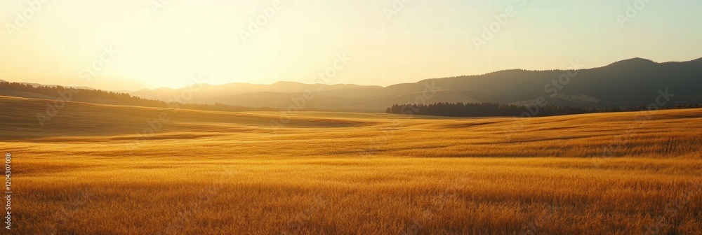 Poster vast golden fields stretching toward the horizon during a serene sunset in the countryside. generati