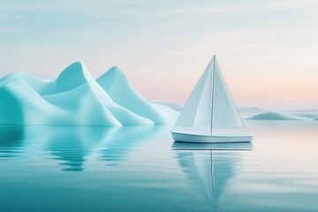White sailboat floating on calm waters with icy mountains in the background at sunrise. Serenity and exploration.
