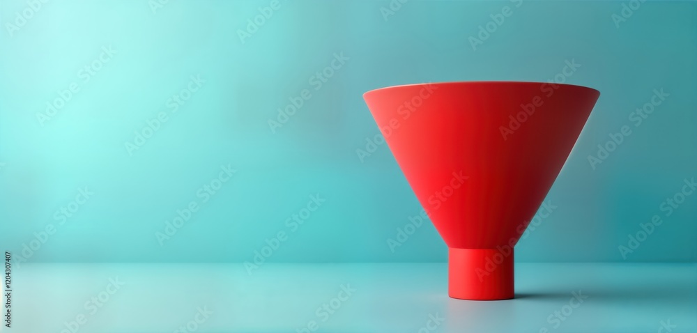 Poster red sales funnel object on clean light turquoise background. funnel shape, simple design. modern, mi