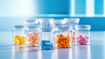 pharmacy production line filling glass containers with vibrant medication capsules and tablets, symbolizing medical manufacturing process biologically active additives