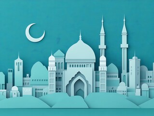 Naklejka premium A Paper Art Cityscape Featuring Mosques and Crescent Moon