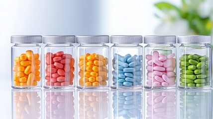 pharmacy production line filling glass containers with vibrant medication capsules and tablets, symbolizing medical manufacturing process biologically active additives