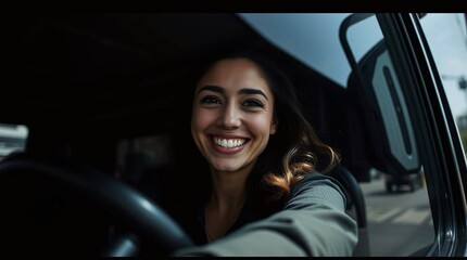 An independent beautiful woman driving a car, vehicle, self dependent