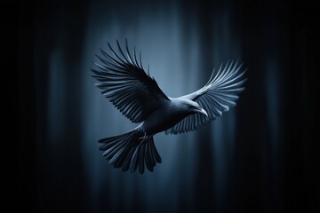 Fototapeta premium Dark crow in flight against a minimal shadowy background, conveying mystery and elegance