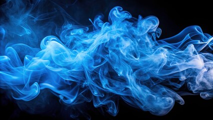 Fototapeta premium Abstract art: a high-depth-of-field close-up reveals swirling blue smoke against a stark black background, a striking design element.