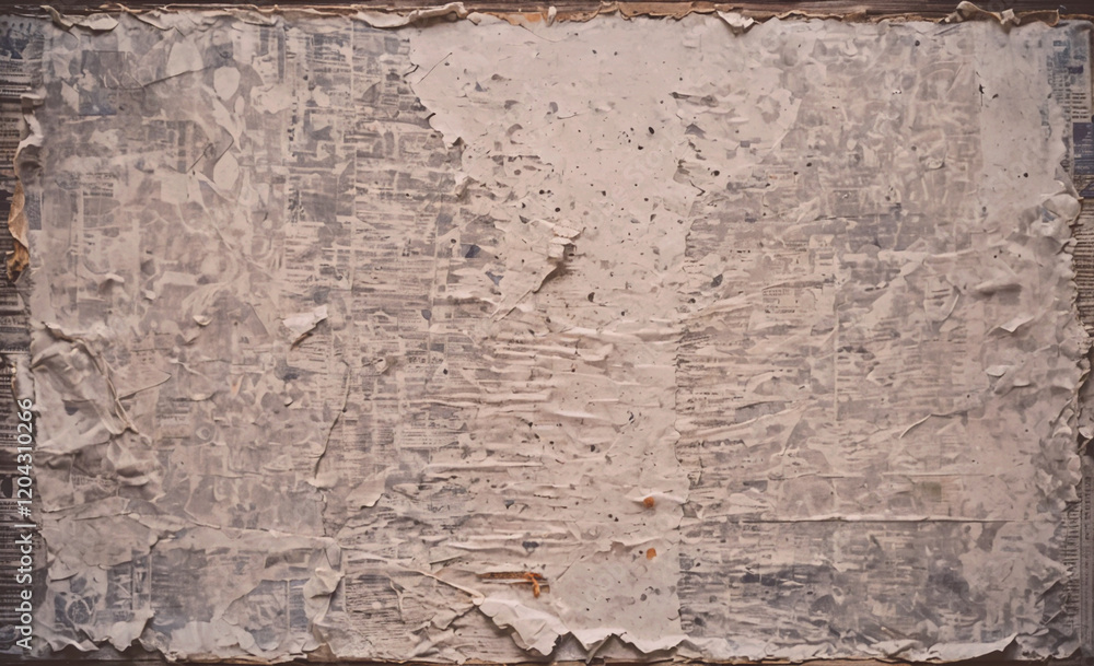 Poster a wall with a lot of paper on it. the paper is torn and crumpled. the wall is dirty and has a lot of
