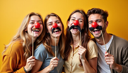 Friends laughing with prank props on yellow background, joyful moments, April Fool&rsquo;s Day	