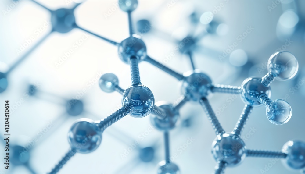 Poster Abstract 3D molecular structure rendering. Complex atoms connect in intricate design. Innovative tech in digital art. Scientific concept. Suitable for medical research. Evokes innovative biotech