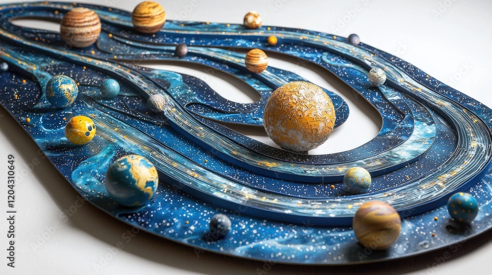 Poster artistic representation of solar system with colorful planets and galactic elements