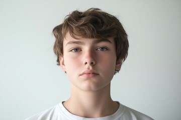 Close up portrait of a confident and determined teenager with blue eyes, expressing seriousness and strength against a white background
