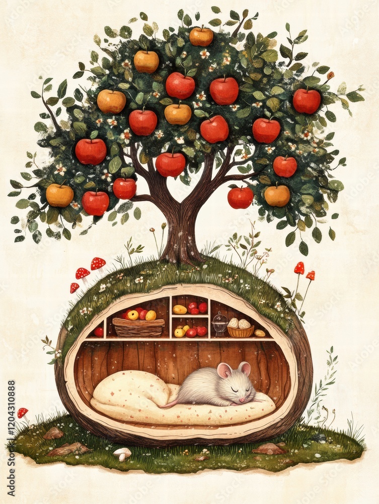 Poster Cozy mouse sleeping under a tree filled with red apples in a whimsical forest setting. Generative AI