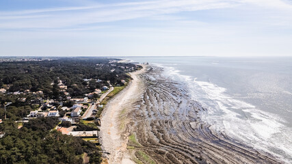 Drone view of Ragounite beach in Jard sur Mer, Vendee, France on a spring day