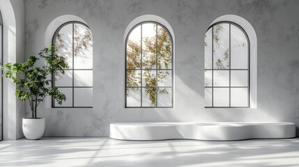 Modern minimalist interior with arched windows showcasing nature, soft lighting, and tranquility