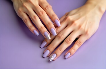 Fototapeta premium Closeup of womans hands with trendy peri manicure. Spring summer design features. Nails painted lavender color. Stylish nail art adds elegant touches. Fashionable gel nails focus of beauty photo.