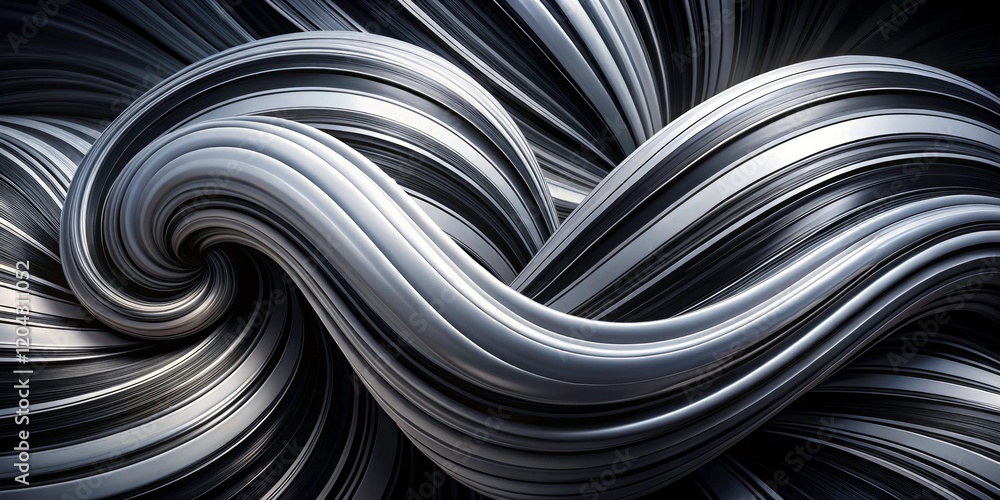 Poster abstract, swirling black and white lines flow dynamically across a panoramic, fluid art canvas.