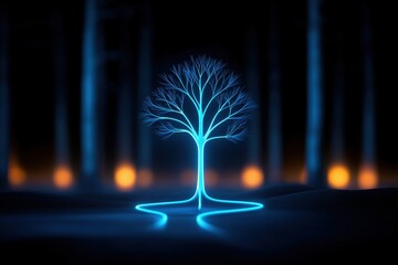 Abstract glowing blue tree with illuminated branches on dark background. Futuristic art and environmental concept
