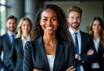 Confident businesswoman stands with team in office. Happy expression, pro attire. Corporate environment suggests successful collaboration, leadership. Image portrays teamwork, diversity in workplace.