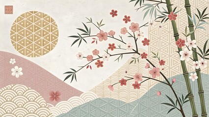Stunning Serene Asian Inspired Wallpaper Mural with Delicate Blossoms.
