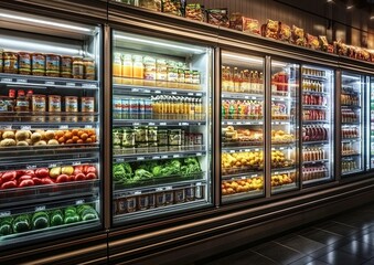 A row of large glass refrigerator units, filled with fresh produce and other goods, stands in the middle of an indoor grocery store