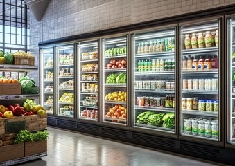 A row of large glass refrigerator units, filled with fresh produce and other goods, stands in the middle of an indoor grocery store
