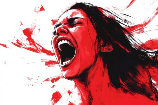 Digital painting of a woman screaming with a red face and flowing hair, expressing intense emotion and power