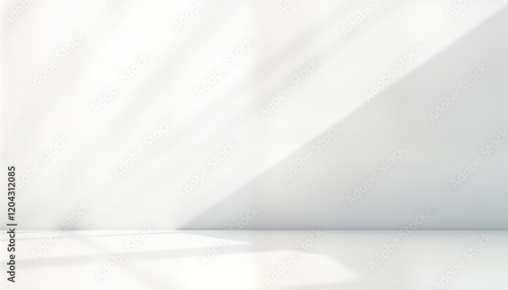 Poster Empty room with soft shadows. Light rays create subtle shadows on white wall, floor. Modern minimalist studio interior. Clean, simple design. Suitable for product presentation background design.