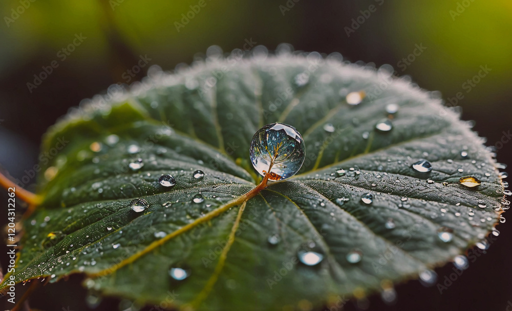 Poster a leaf with a drop of water on it. the water droplet is small and clear. the leaf is green and has a
