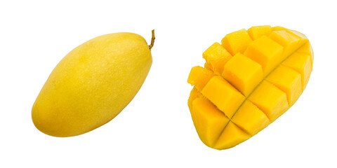 Ripe fresh yellow mango fruit isolated on white background.