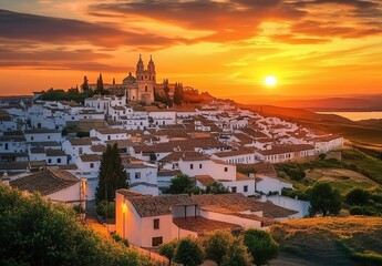 Fototapeta premium Photograph of the White City of Olite in Spain at sunset, with the white buildings illuminated by warm hues and an orange sky