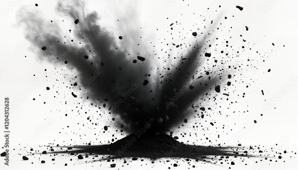 Poster black powder explosion effect isolated on white background. dark powder particles fly in different d
