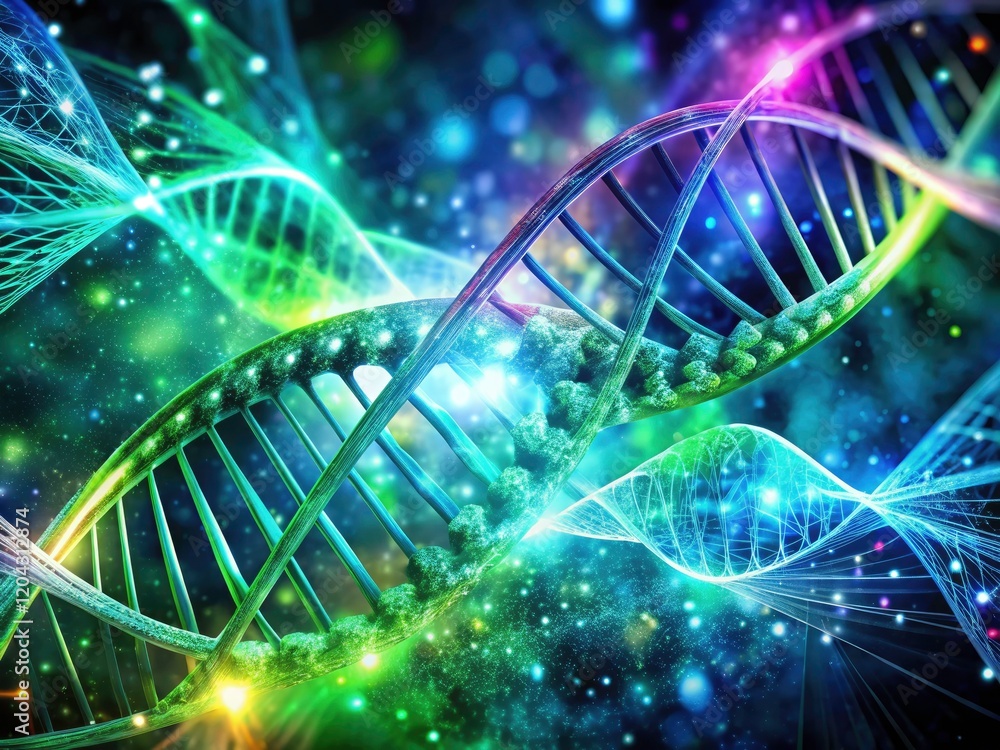 Poster ai-generated bio-tech artwork: a dynamic, double-exposed animation of a futuristic dna network plexu