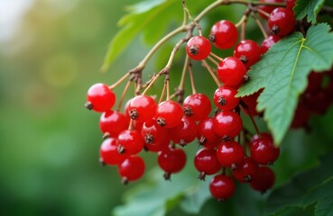 Close up view of red berries hanging on branch with green leaves. Fresh ripe berries on shrub. Healthy berries ready for harvest. Summer season. Fruit cluster. Abundant berry harvest. Colorful